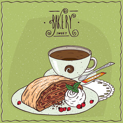 Apple Viennese strudel with vanilla ice cream with cup of tea, lie on lacy napkin. Green background and ornate lettering bakery. Handmade cartoon style