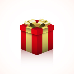 Red gift box with bow and gold tape, isolated on shite, vector