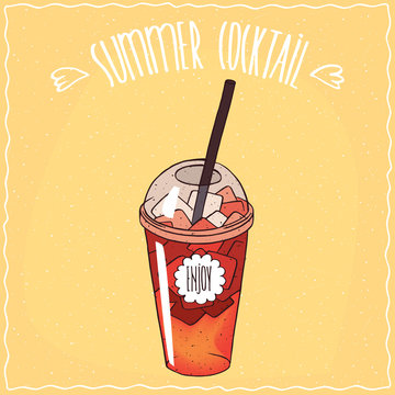 Drink such as berry lemonade with ice in transparent plastic cup with straw, on which the inscription Enjoy. Ornate lettering Summer cocktail. Handmade cartoon style