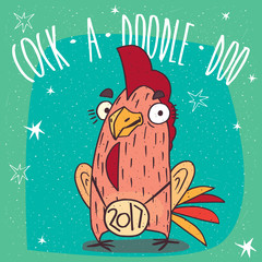 Cartoon playful cock or rooster with the logo 2017, stands and smiles on green background. Cock a doodle doo lettering