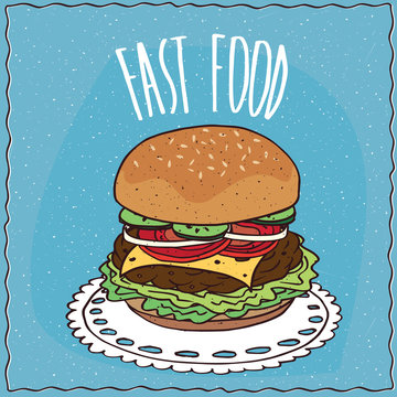 Classic cheeseburger with cucumber, onion, tomato, cheese, steak and lettuce, lie on a lacy napkin. Blue background and lettering Fast food. Handmade cartoon style