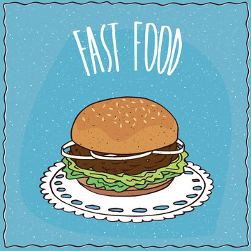 Classic hamburger with onion, steak and lettuce, lie on a lacy napkin. Blue background and lettering Fast food. Handmade cartoon style