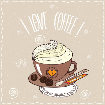 Cute brown cup of coffee with whipped cream, on saucer with spoon, sugar stick and chocolate candies, lie on lacy napkin. Brown background. Handmade cartoon style