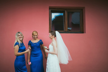 Amazing happy bride with her beautiful bridesmaids