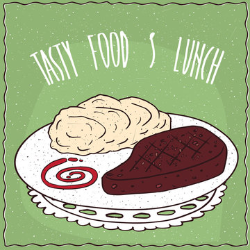 Delicious dish with Grilled Meat Steak and Portion of Mashed Potatoes, in cartoon style on green background. Hand draw Lettering Tasty Food And Lunch