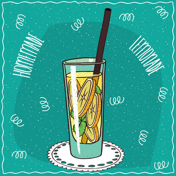 Homemade classic lemonade in a glass with straw, lie on lacy napkin. Cyan background. Handmade cartoon style