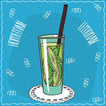 Homemade lime lemonade such as mojito in a glass with straw, lie on lacy napkin. Blue background. Handmade cartoon style