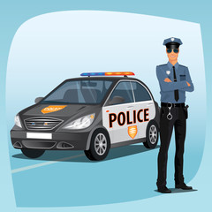 Police officer, man of police force, standing full face in uniform of policeman, with typical outfit for law enforcement agency. In the background a patrol car © ariadnas