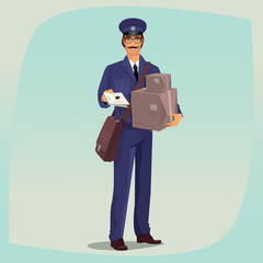 Funny postman with mustache standing in front face, with one hand holding letter and the other holding boxes or parcels. Express delivery mail concept. Cartoon style