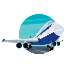 Round emblem on a white background with a modern passenger plane with the inscription sky. Front view