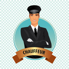 Isolate round icon on white background with chauffeur, driver of luxury car, standing, dressed in black suit or tuxedo, dress shirt, tie, white leather gloves and hat