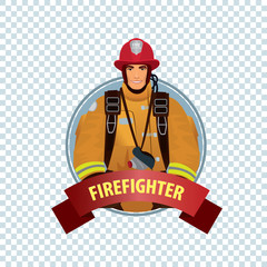 Isolate round icon on white background with firefighter, man from fire brigade in form of fireman, with personal protective equipment, bunker or turnout gear