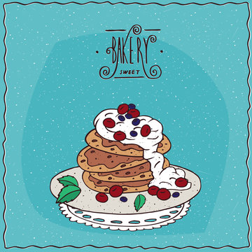 Stack of pancakes with sour cream and red berries, cherry or currant, lie on lacy napkin. Blue background and ornate lettering bakery. Handmade cartoon style