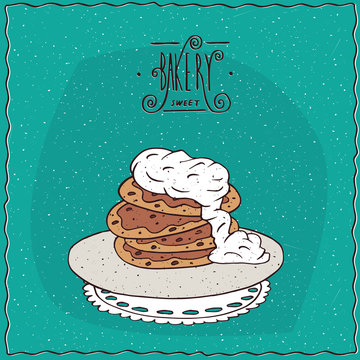 Stack of pancakes with sour cream, lie on lacy napkin. Cyan background and ornate lettering bakery. Handmade cartoon style