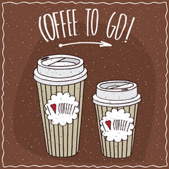 Set of two, different sizes, trendy paper cup of coffee, on which the inscription I love coffee. Ornate lettering Coffee to go. Handmade cartoon style