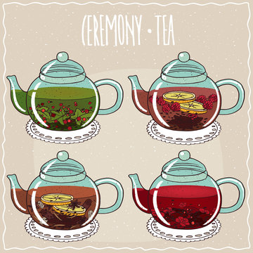 Fototapeta Set of different brewed flower and berry teas, with currant, raspberry, anise, hibiscus. Beige background and ornate lettering Ceremony tea. Handmade cartoon style