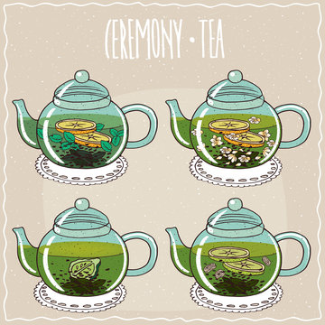 Fototapeta Set of different brewed useful teas, with mint, jasmine, bergamot, ginger and lime. Beige background and ornate lettering Ceremony tea. Handmade cartoon style