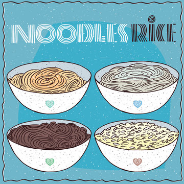 Hand drawn set of bowls with three different types of noodles, Wheat Ramen or Udon, Transparent Glass noodles or Harusame, Buckwheat Naengmyeon or Soba, and White rice