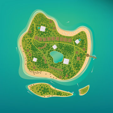 Several different sizes of tropical islands with beaches and houses in the open ocean. Around float boats. Aerial view