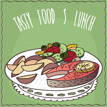 Delicious dish with Slice of Salmon, colorful Vegetable Salad with Olives and Potato Wedges in cartoon style. Hand draw Lettering Tasty Food And Lunch