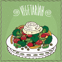 Delicious colorful Vegetable Salad, Drizzled with White Sauce, in cartoon style on green background. Hand Draw Lettering Vegetarian. Healthy Food Concept