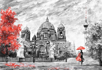 oil painting on canvas, street view of Berlin,  Artwork European landscape in black, white and red color. man and woman under umbrella. Trees, Cathedral, Tower