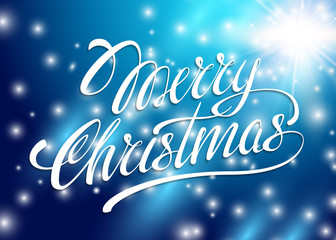 Christmas Card. Merry Christmas lettering on a blue background. Vector illustration for banners, labels, postcards, prints, posters, web.