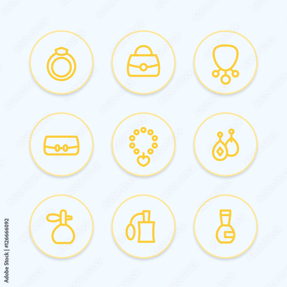 Sticker accessories, jewelry, perfume line icons, ring, bag, necklace, pendant, wallet, earrings, vector illustration