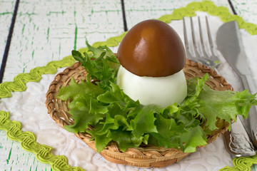 Creative idea of design of stuffed eggs in the form of porcini