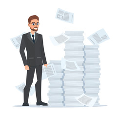 Paperwork and overworked, of an employee engaged in work with documents on the background large stacks of papers. Business concept. Vector illustration isolated on white background in flat style.