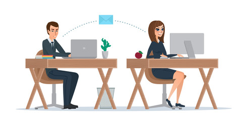 Man and woman at computer monitor. Office correspondence, employees to correspond by mail. Business concept. Vector illustration isolated on white background in flat style.