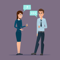 Smiling business colleagues drinking coffee and talking. Coffee time, break and relaxation. Modern Business concept. Vector creative color illustrations flat design in flat modern style.