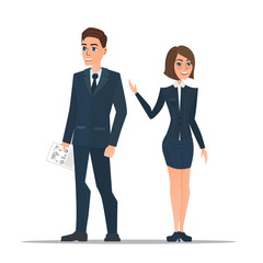 Couple business people in business suits is standing in the office. Successful team. Illustration isolated on white background in flat style