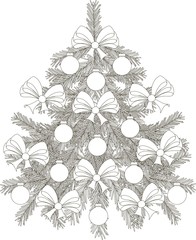 Hand drawn black and white sketch Christmas tree, vector illustration