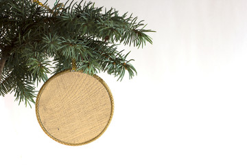 Happy New Year and merry Christmas template copyspace card with hand made craft circle wooden label...