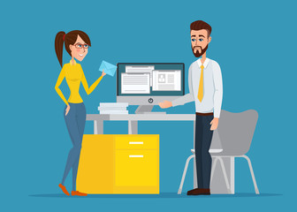 Vector image of the man and woman at their working place. Beautiful woman brings post. Vector creative color illustrations flat design in flat modern style.