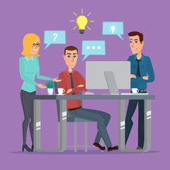Teamwork office idea Business People Meeting Discussing Office Desk Businesspeople Working Flat Vector creative color illustrations flat design in flat modern style.