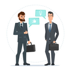 Two businessmen standing, talking, discussing negotiating. Business cartoon concept. Vector illustration isolated on white background in flat style.