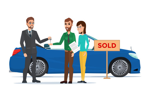 Man, woman and car dealer. Business cartoon concept. Vector illustration isolated on white background in flat style.