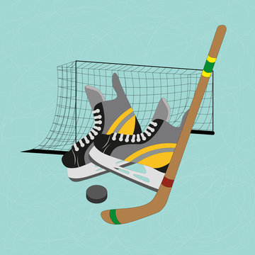 hockey equipment - skates, puck and gates