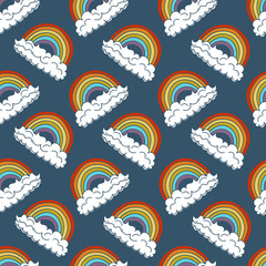 Vector seamless pattern with cute rainbow design. LGBT community design. Rainbow and clouds. Vector backdrop for wedding invitations, posters, save the date cards.