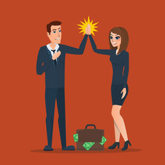 Businessman and woman clapping hands each other in partnership, supportive, cheerful, successful or corporation. Business cartoon. Vector creative color illustrations flat design in flat modern style.