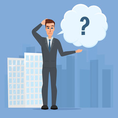 Vector illustration of cartoon with bar question mark. Business cartoon concept. Vector creative color illustrations flat design in flat modern style.