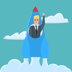 businessman inside the rocket on launch of space. Startup Business cartoon concept. Vector creative color illustrations flat design in flat modern style.