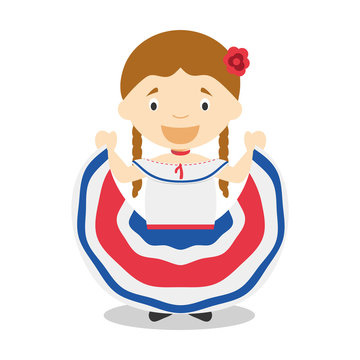 Character From Costa Rica Dressed In The Traditional Way Vector Illustration. Kids Of The World Collection.