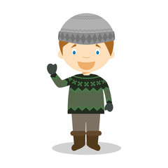 Character from Iceland dressed in the traditional way with the typical lopapeysa sweater. Vector Illustration. Kids of the World Collection.