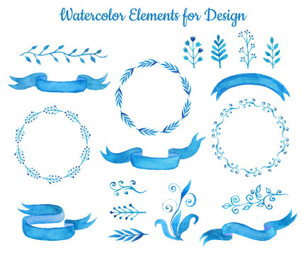 Collection Of  Blue Watercolor Ribbon Banners And Leaves. Set Of Elegant Hand Drawn Elements For Design. Vector Illustration.