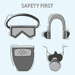 health and safety warning, mandatory signs (eye protector, respirator, ear protector). vector illustration