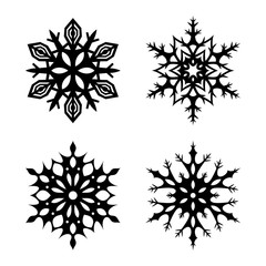 Vectors set of four black silhouettes of Christmas snowflakes isolated on a white background.
