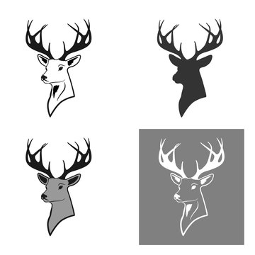 

deer head with antlers. a set of four pieces. pattern and silhouette. isolate on white background